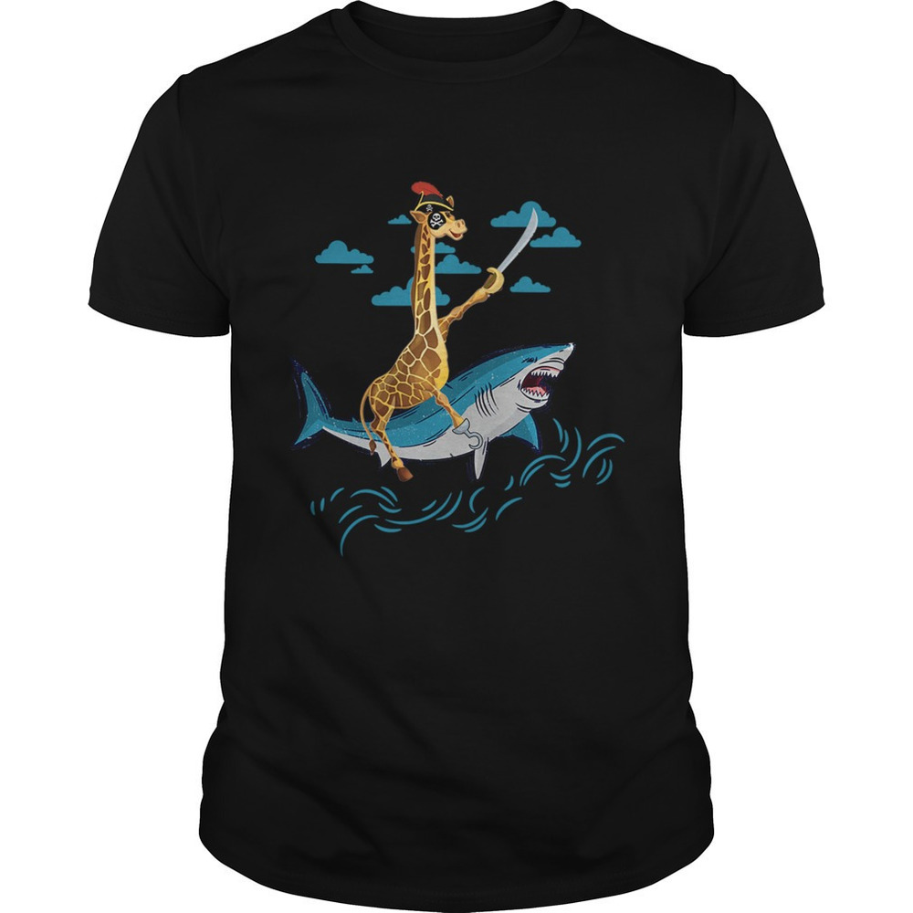 Giraffe Pirate Riding Shark Sword Cute Animal Halloween Gift Tshirt